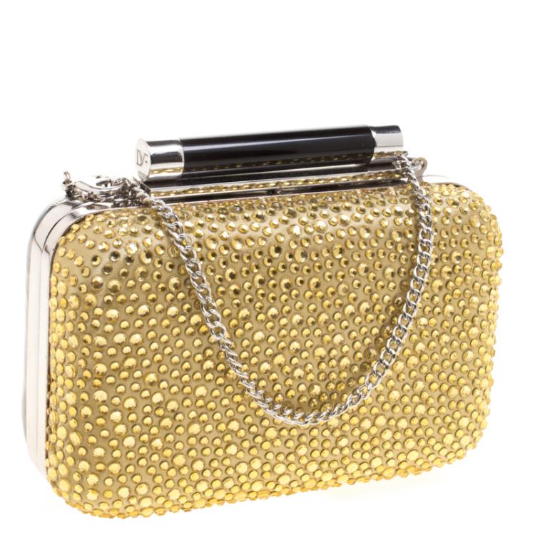 Pre Owned Diane Von Furstenberg Black/Gold Crystal Embellished Tonda Clutch