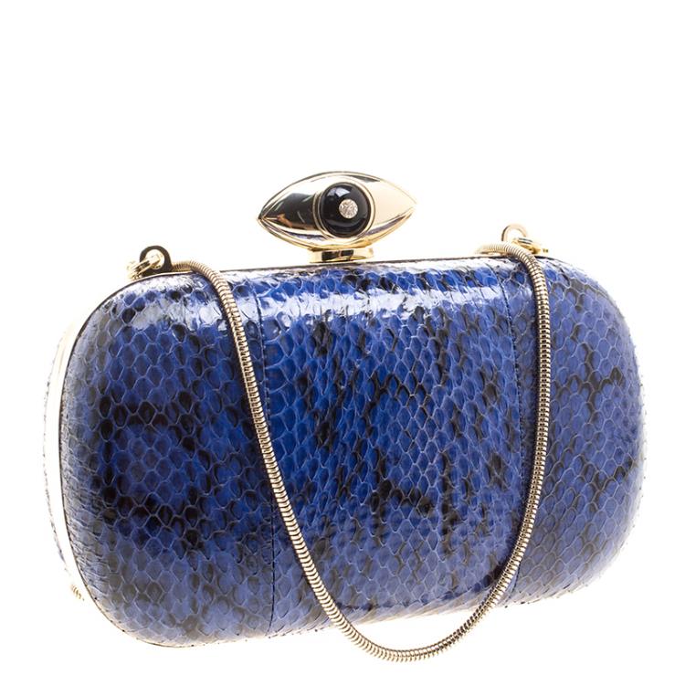 Pre Owned Diane Von Furstenberg Blue/Black Snake Skin Evil Eye Minaudiere Clutch