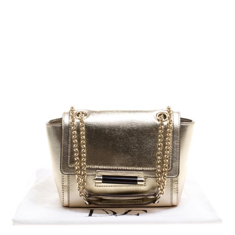 Pre Owned Diane Von Furstenberg Metallic Gold Lizard Embossed Leather 440 Mini Shoulder Bag