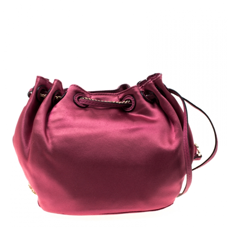 Pre Owned Diane Von Furstenberg Cerise Satin Mini Love Power Drawstring Bucket Bag