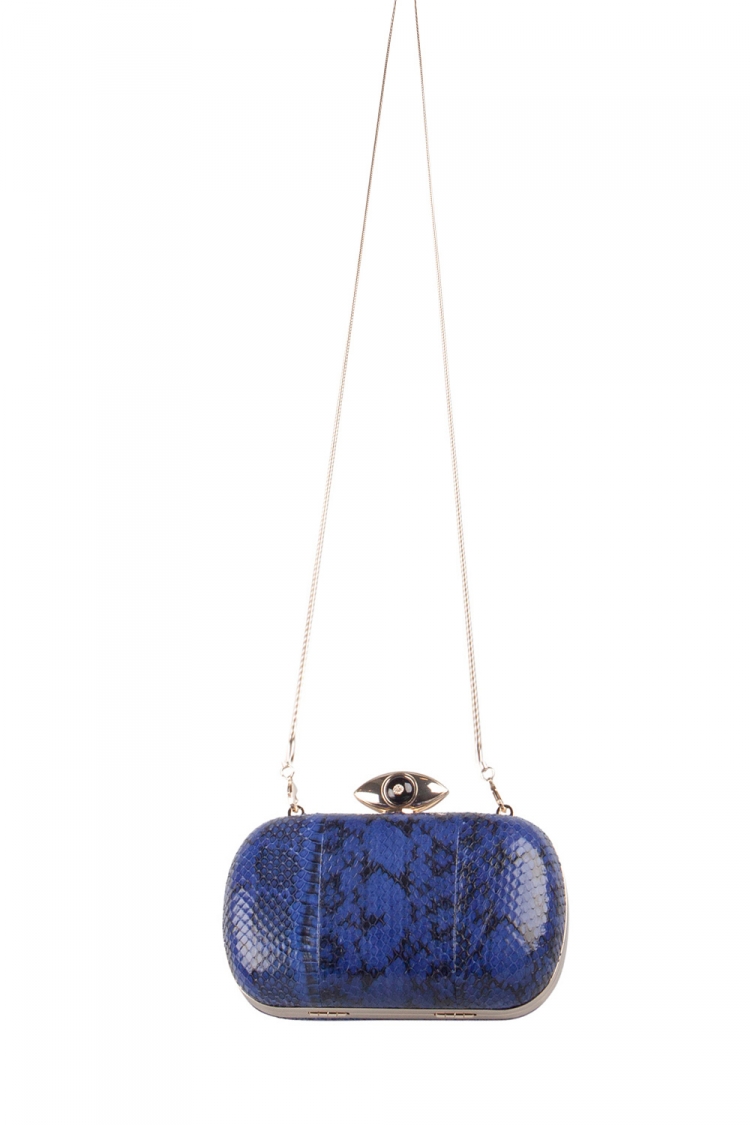 Pre Owned Diane Von Furstenberg Blue/Black Snakeskin Evil Eye Minaudiere Chain Clutch