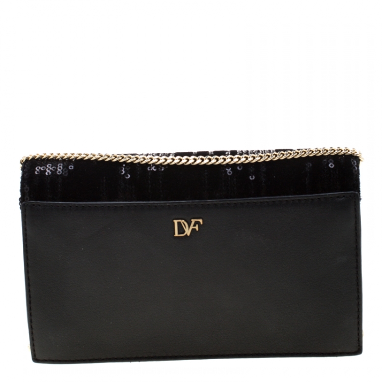 Pre Owned Diane Von Furstenberg Black Sequins Embellished Suede and Leather Soiree Chain Bag