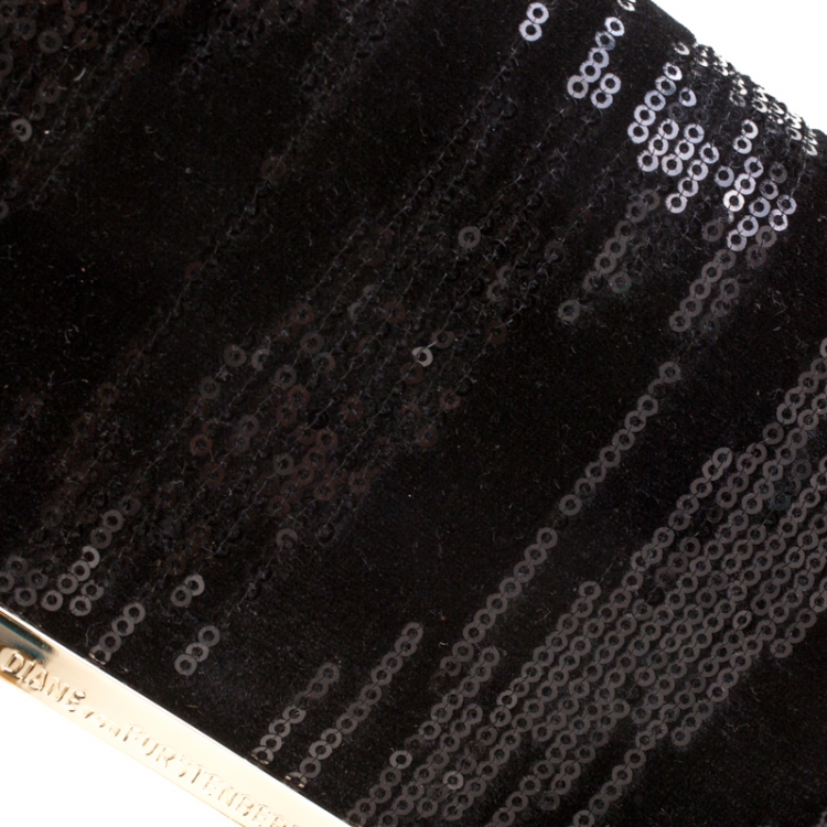 Pre Owned Diane Von Furstenberg Black Sequins Embellished Suede and Leather Soiree Chain Bag