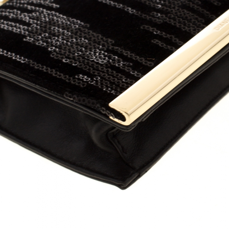 Pre Owned Diane Von Furstenberg Black Sequins Embellished Suede and Leather Soiree Chain Bag