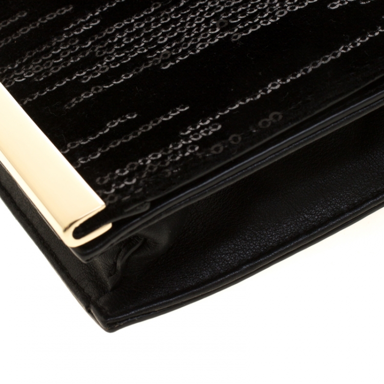 Pre Owned Diane Von Furstenberg Black Sequins Embellished Suede and Leather Soiree Chain Bag