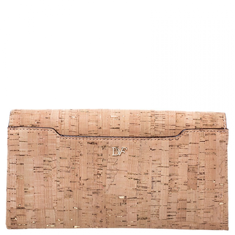 Pre Owned Diane Von Furstenberg Beige Cork Fabric Envelope Clutch