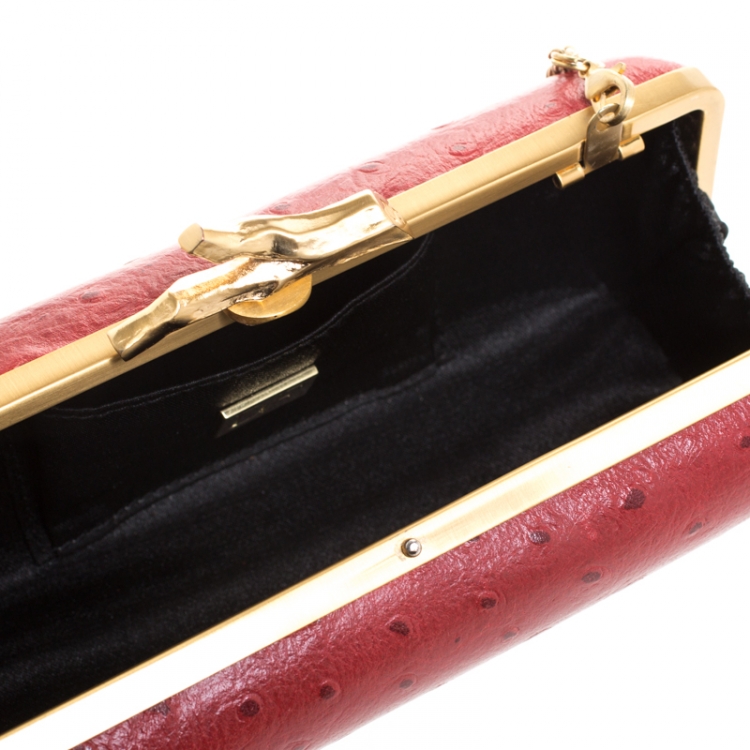 Pre Owned Diane Von Furstenberg Red Ostrich Embossed Leather Tonda Clutch