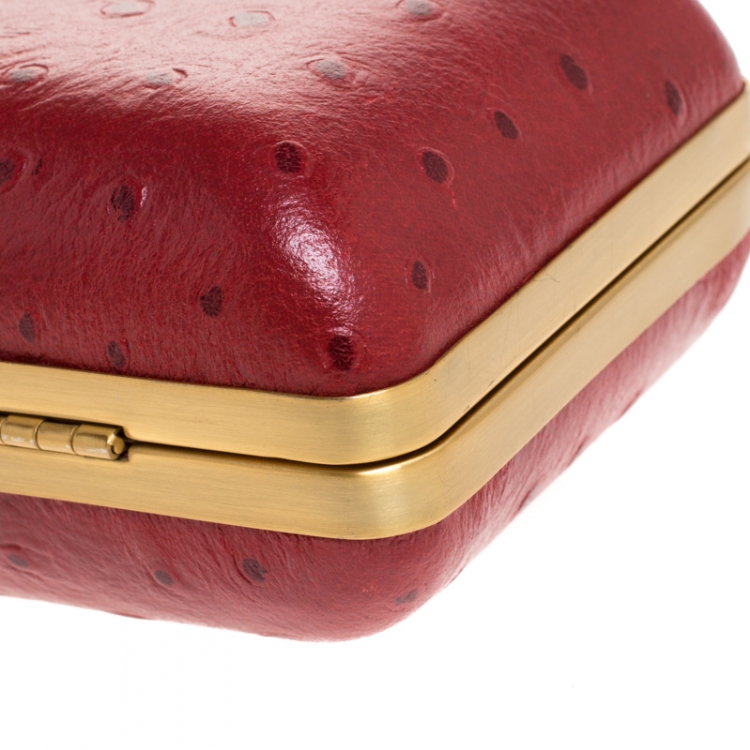 Pre Owned Diane Von Furstenberg Red Ostrich Embossed Leather Tonda Clutch