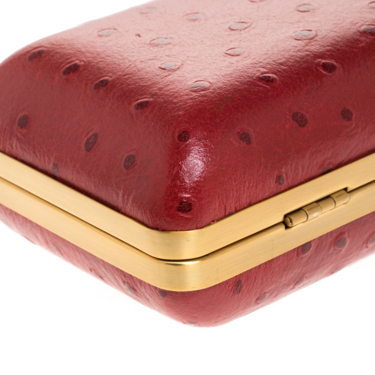 Pre Owned Diane Von Furstenberg Red Ostrich Embossed Leather Tonda Clutch