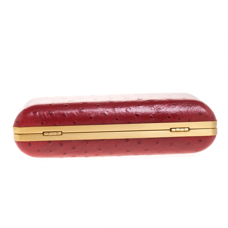 Pre Owned Diane Von Furstenberg Red Ostrich Embossed Leather Tonda Clutch