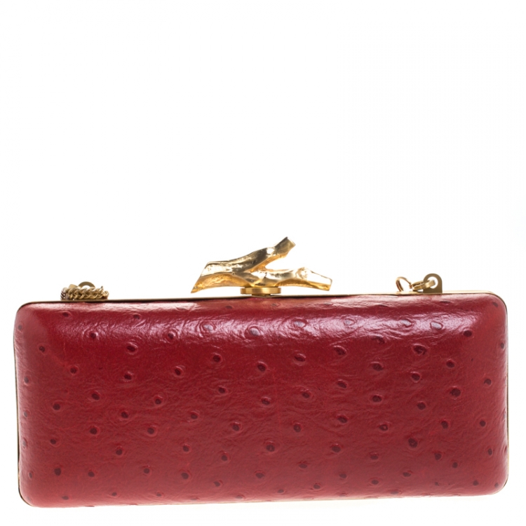 Pre Owned Diane Von Furstenberg Red Ostrich Embossed Leather Tonda Clutch