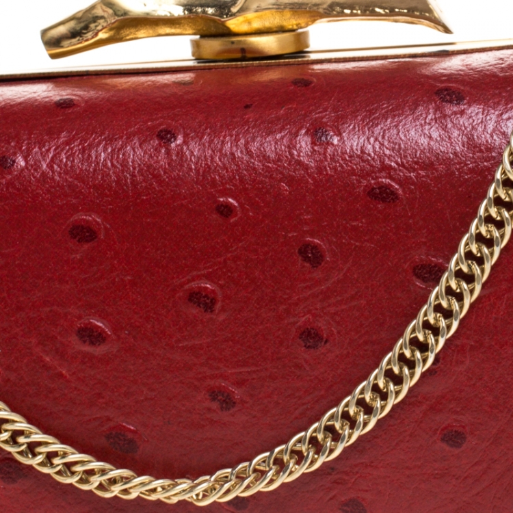 Pre Owned Diane Von Furstenberg Red Ostrich Embossed Leather Tonda Clutch