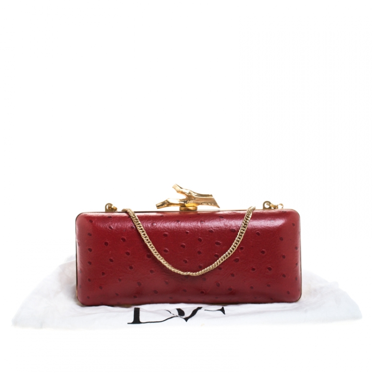 Pre Owned Diane Von Furstenberg Red Ostrich Embossed Leather Tonda Clutch