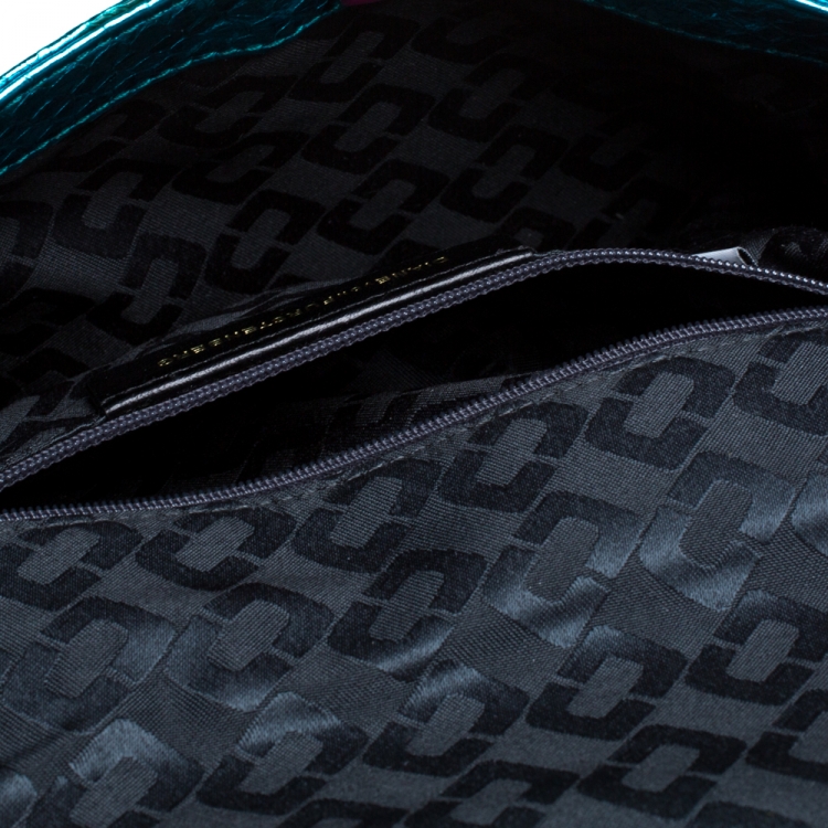 Pre Owned Diane Von Furstenberg Metallic Turquoise Snake Effect Leather Clutch