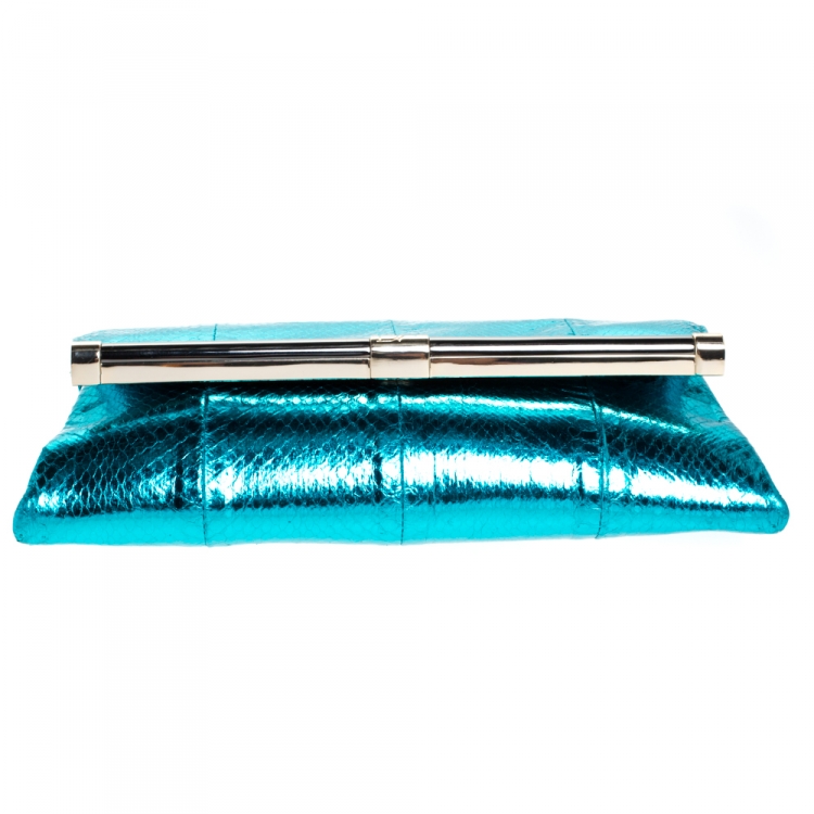 Pre Owned Diane Von Furstenberg Metallic Turquoise Snake Effect Leather Clutch