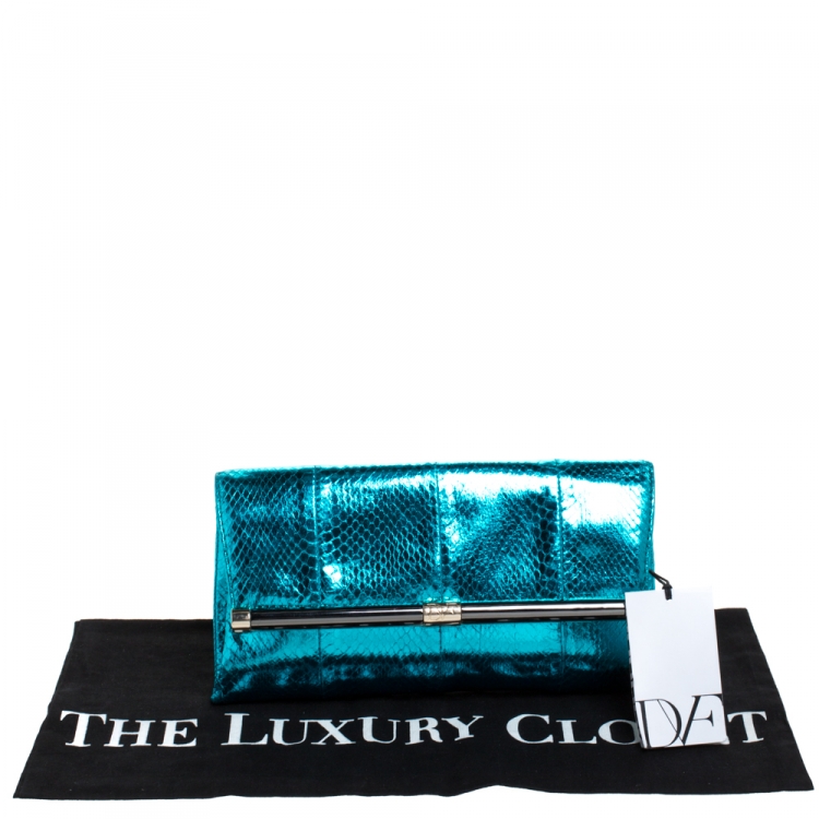 Pre Owned Diane Von Furstenberg Metallic Turquoise Snake Effect Leather Clutch