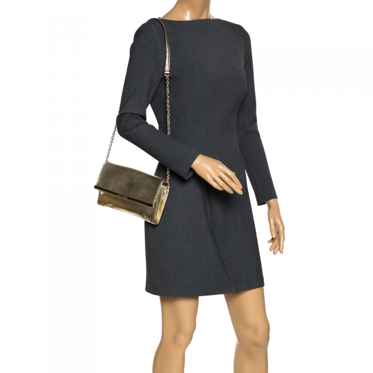 Pre Owned Diane Von Furstenberg Metallic Gold Lizrad Embossed Leather Chain Clutch 