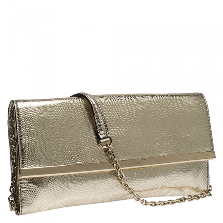 Pre Owned Diane Von Furstenberg Metallic Gold Lizrad Embossed Leather Chain Clutch 