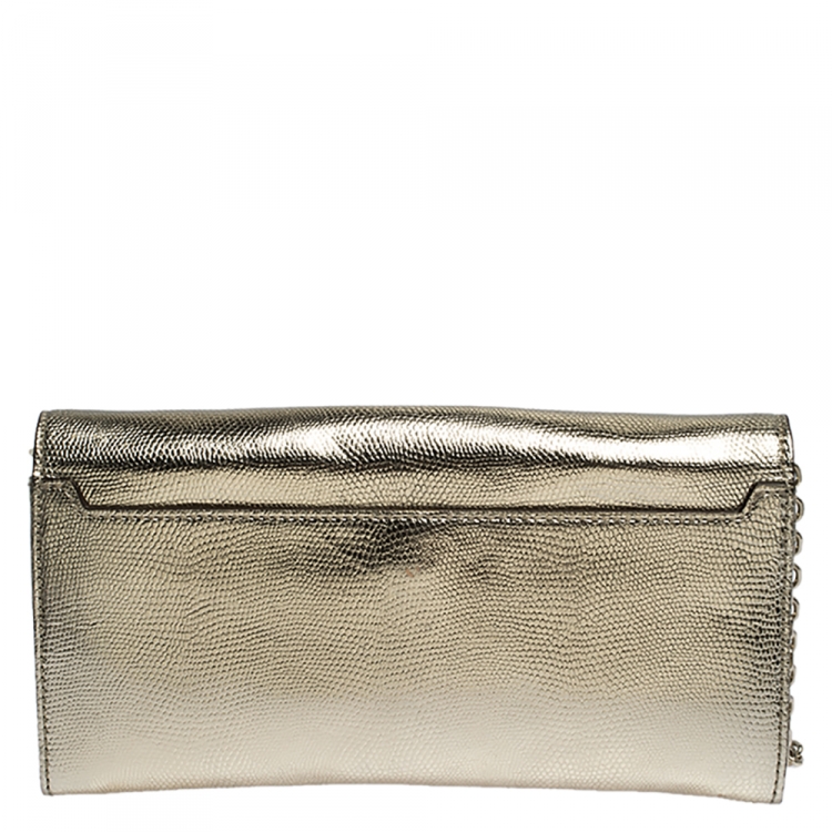 Pre Owned Diane Von Furstenberg Metallic Gold Lizrad Embossed Leather Chain Clutch 
