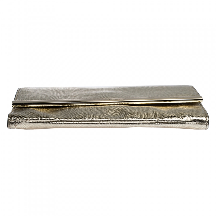 Pre Owned Diane Von Furstenberg Metallic Gold Lizrad Embossed Leather Chain Clutch 