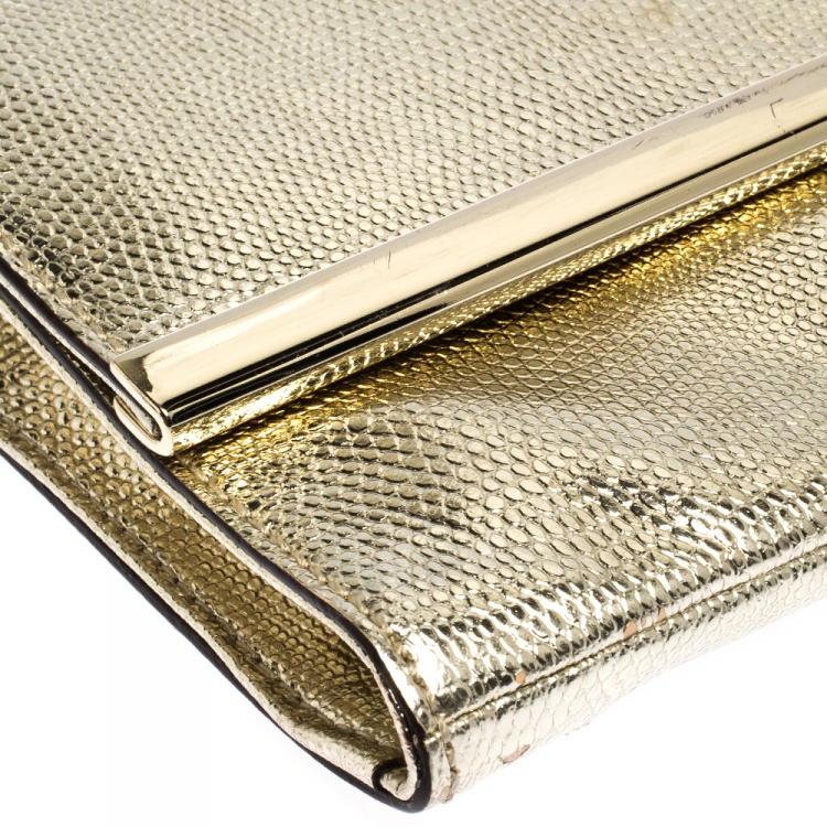 Pre Owned Diane Von Furstenberg Metallic Gold Lizrad Embossed Leather Chain Clutch 