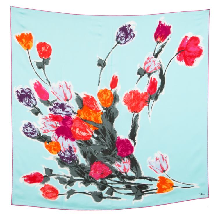 Pre Owned Dior Sky Blue Tulip Print Silk Square Scarf