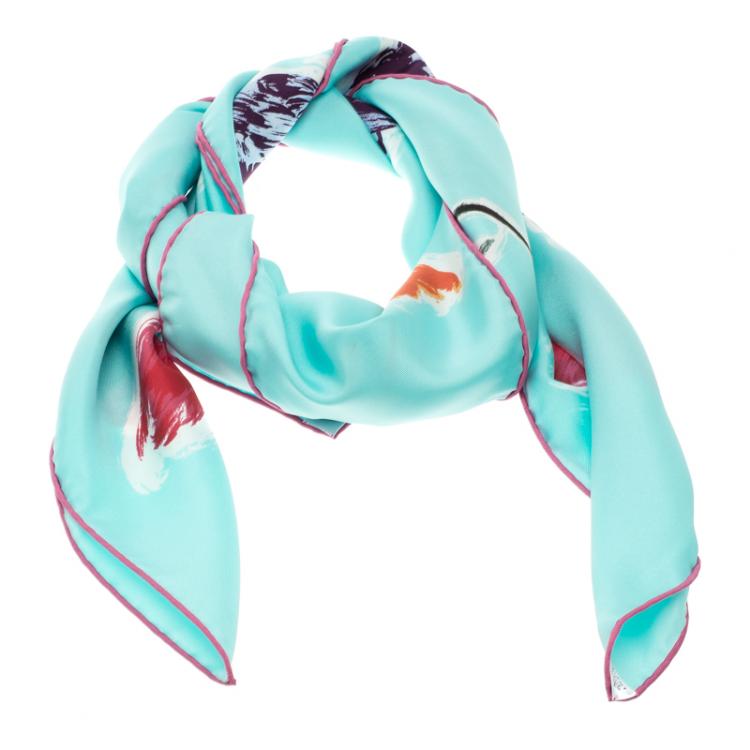 Pre Owned Dior Sky Blue Tulip Print Silk Square Scarf