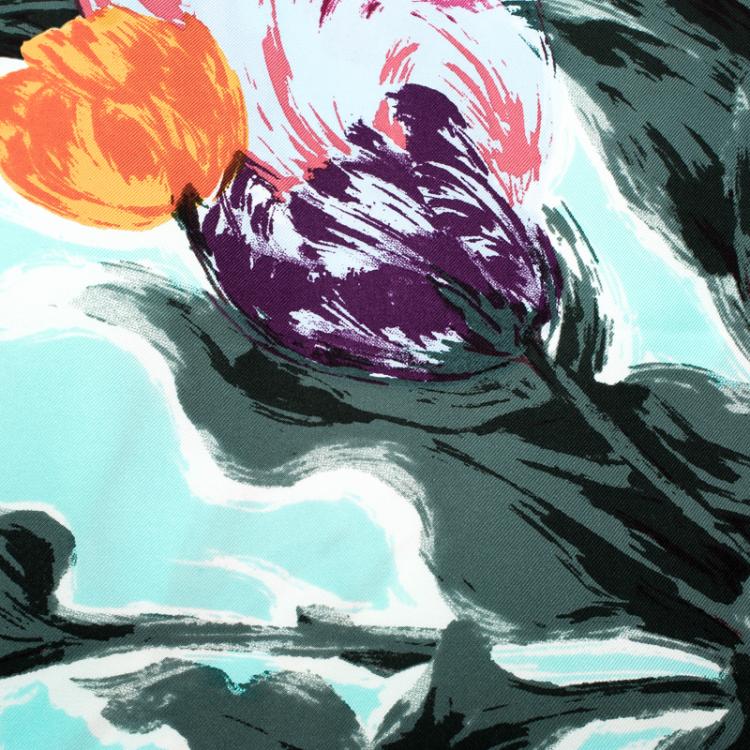 Pre Owned Dior Sky Blue Tulip Print Silk Square Scarf