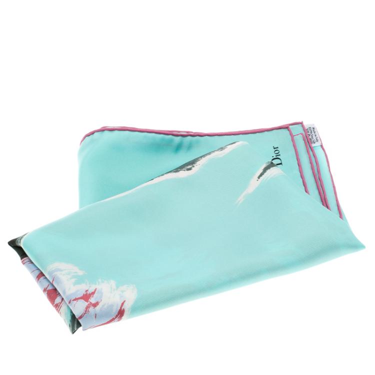 Pre Owned Dior Sky Blue Tulip Print Silk Square Scarf