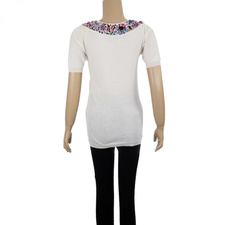 Pre Owned Dior White Embellshed Neckline Top M