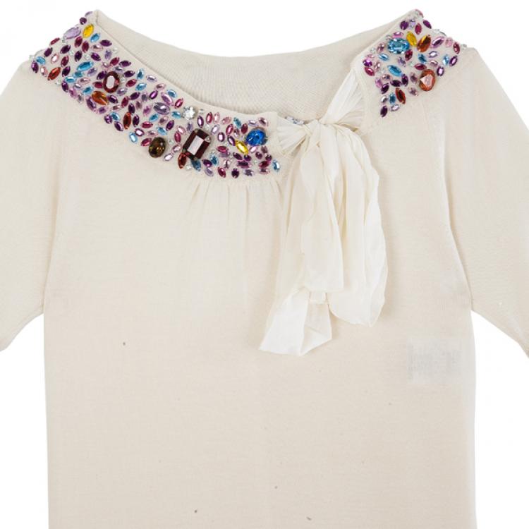 Pre Owned Dior White Embellshed Neckline Top M