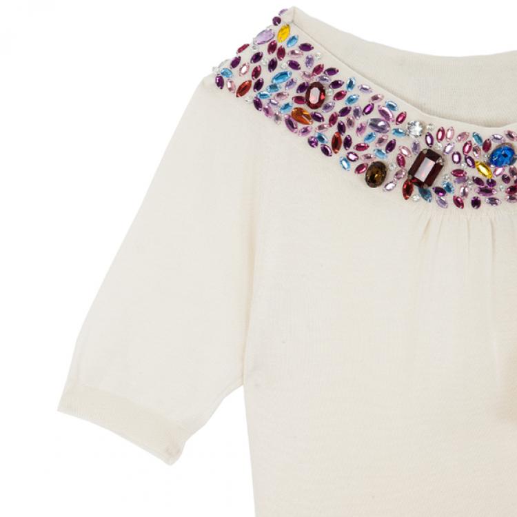 Pre Owned Dior White Embellshed Neckline Top M