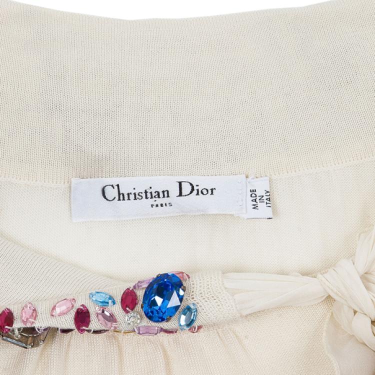 Pre Owned Dior White Embellshed Neckline Top M