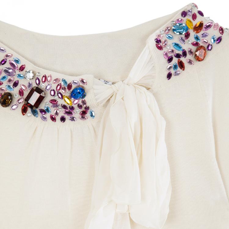 Pre Owned Dior White Embellshed Neckline Top M