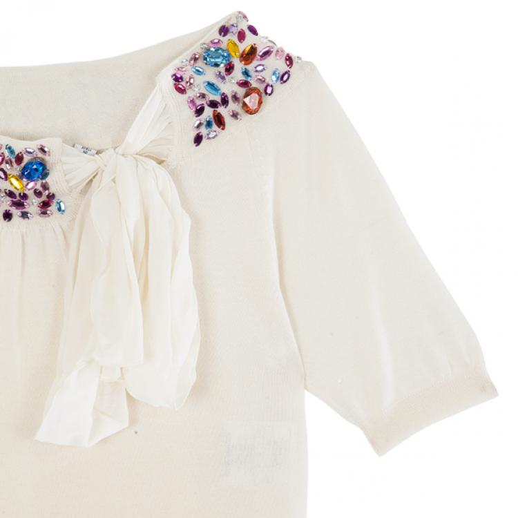 Pre Owned Dior White Embellshed Neckline Top M