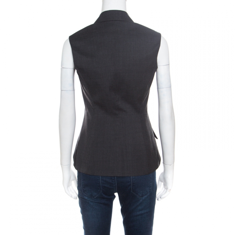 Pre Owned Christian Dior Grey Wool Gabardine Single Button Sleeveless Blazer S