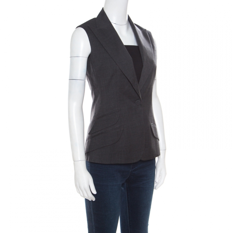 Pre Owned Christian Dior Grey Wool Gabardine Single Button Sleeveless Blazer S