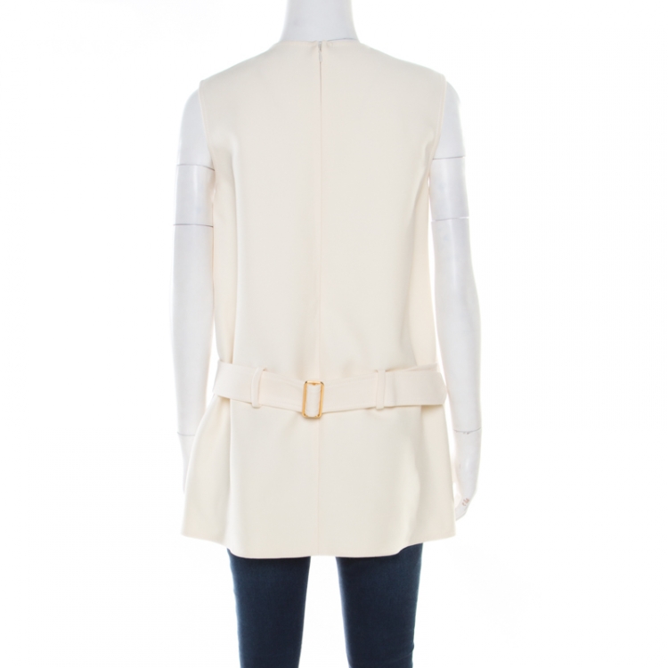 Pre Owned Dior Cream Wool and Silk Crescent Pocket Detail Faux Wrap Sleeveless Tunic M