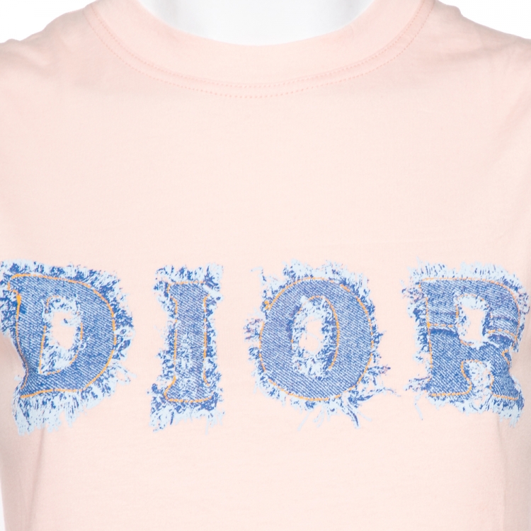 Pre Owned Christian Dior Salmon Pink Denim Logo Printed Tank Top M