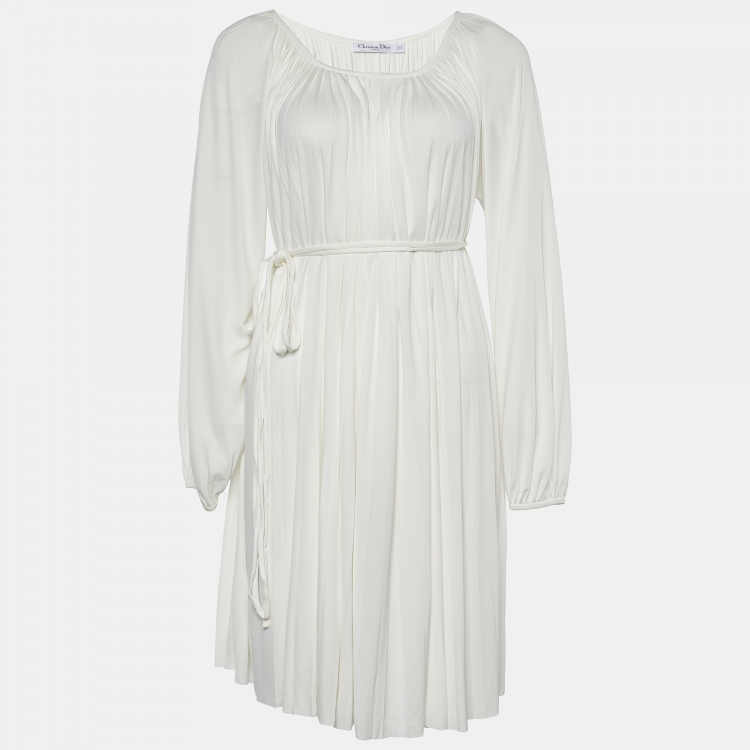 Pre Owned Dior White Knit Pleated Flared Dress S