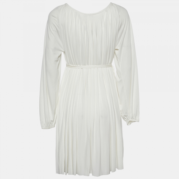 Pre Owned Dior White Knit Pleated Flared Dress S