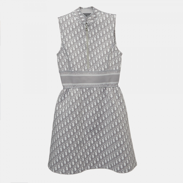 Pre Owned Dior Grey Monogram Knit Zipper Mini Dress S
