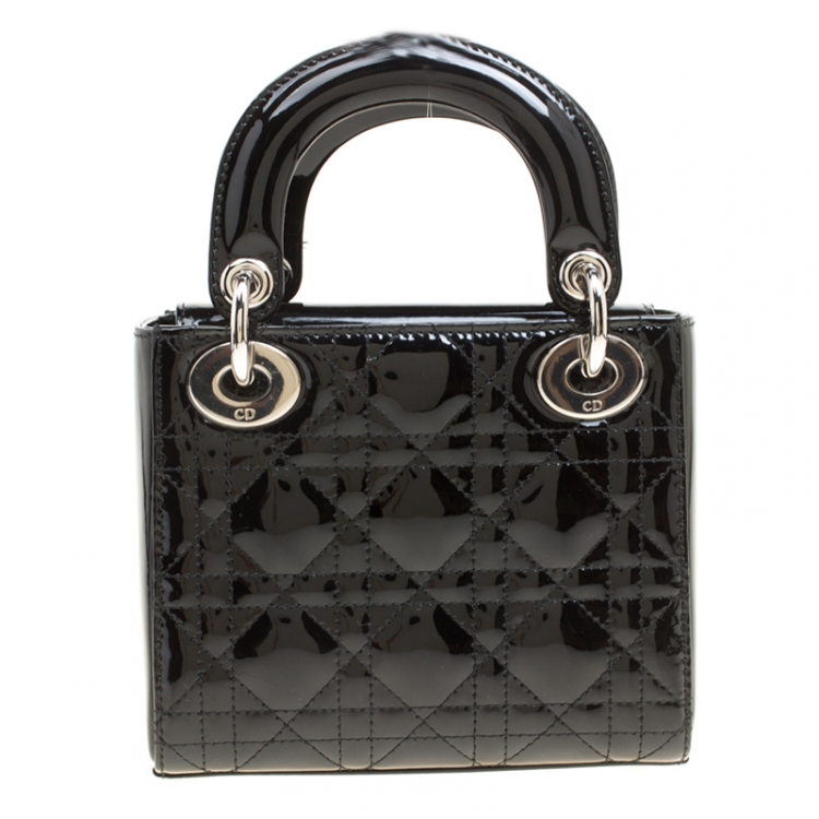 Pre Owned Dior Black Patent Leather Mini Lady Dior Top Handle Bag