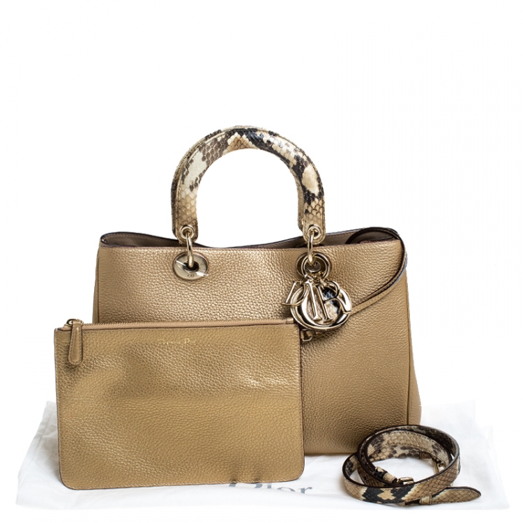 Pre Owned Dior Gold Leather and Python Medium Diorissimo Shopper Tote