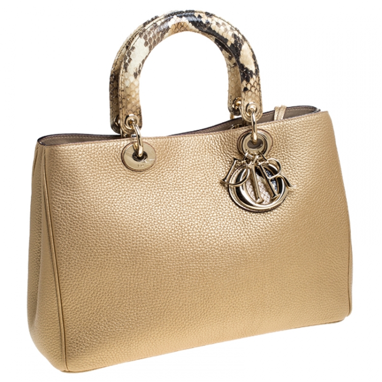 Pre Owned Dior Gold Leather and Python Medium Diorissimo Shopper Tote