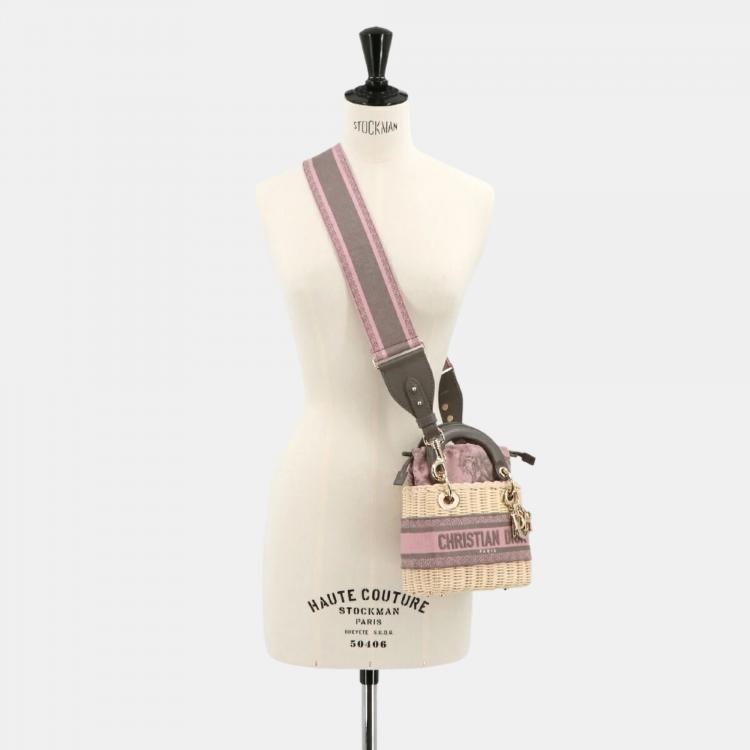 Pre Owned Dior Beige/Pink Canvas and Wicker Mini Lady Dior Top Handle Bag