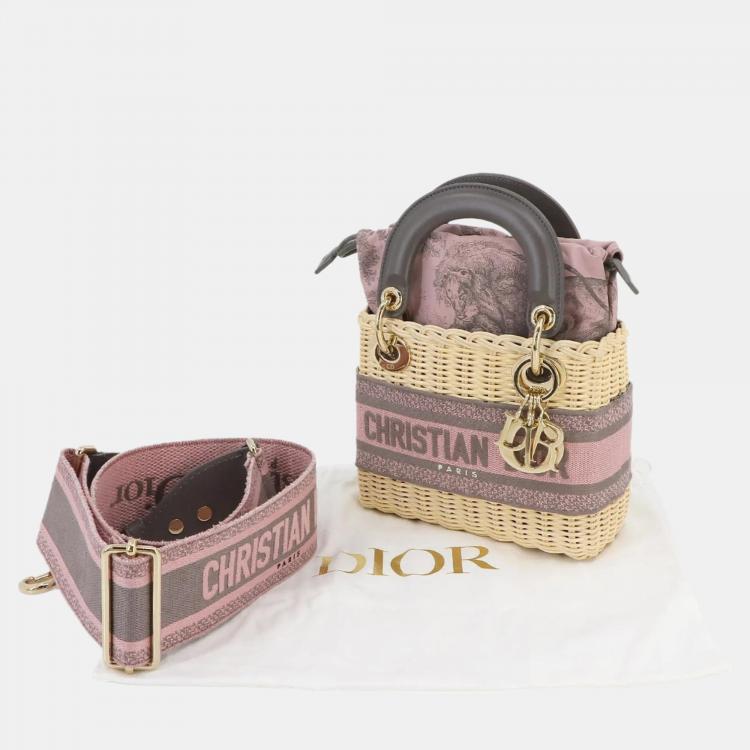 Pre Owned Dior Beige/Pink Canvas and Wicker Mini Lady Dior Top Handle Bag