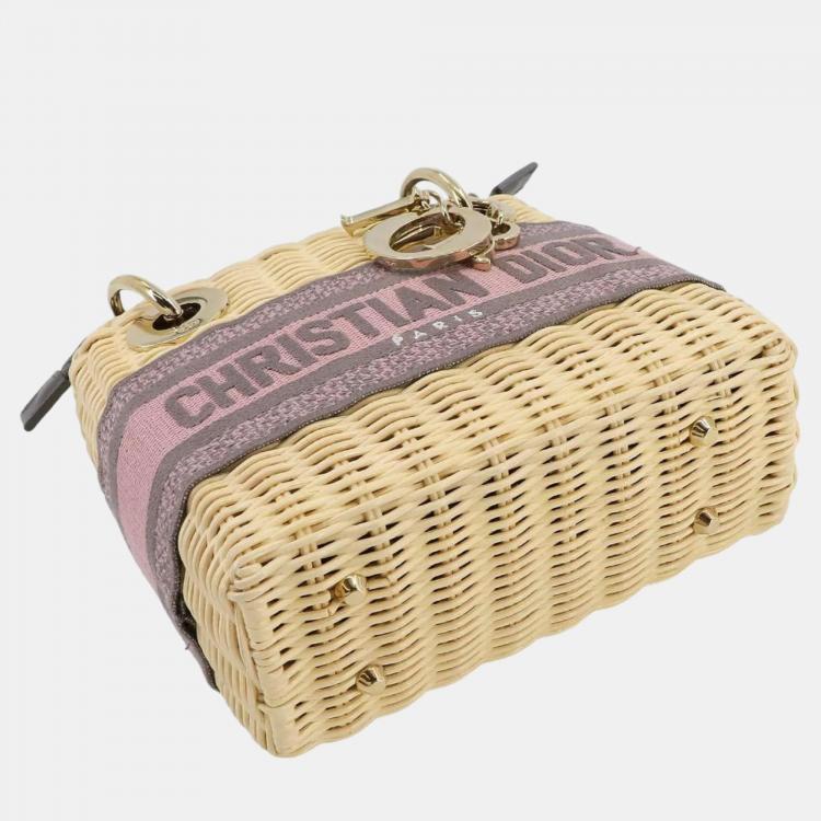 Pre Owned Dior Beige/Pink Canvas and Wicker Mini Lady Dior Top Handle Bag