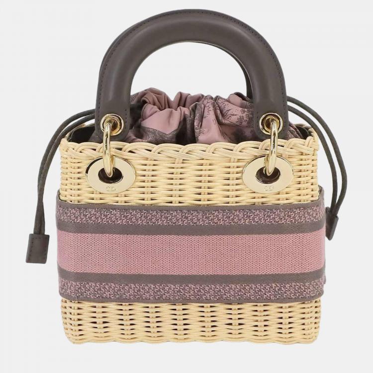 Pre Owned Dior Beige/Pink Canvas and Wicker Mini Lady Dior Top Handle Bag