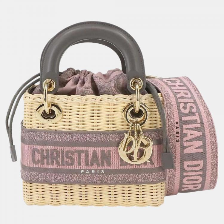 Pre Owned Dior Beige/Pink Canvas and Wicker Mini Lady Dior Top Handle Bag